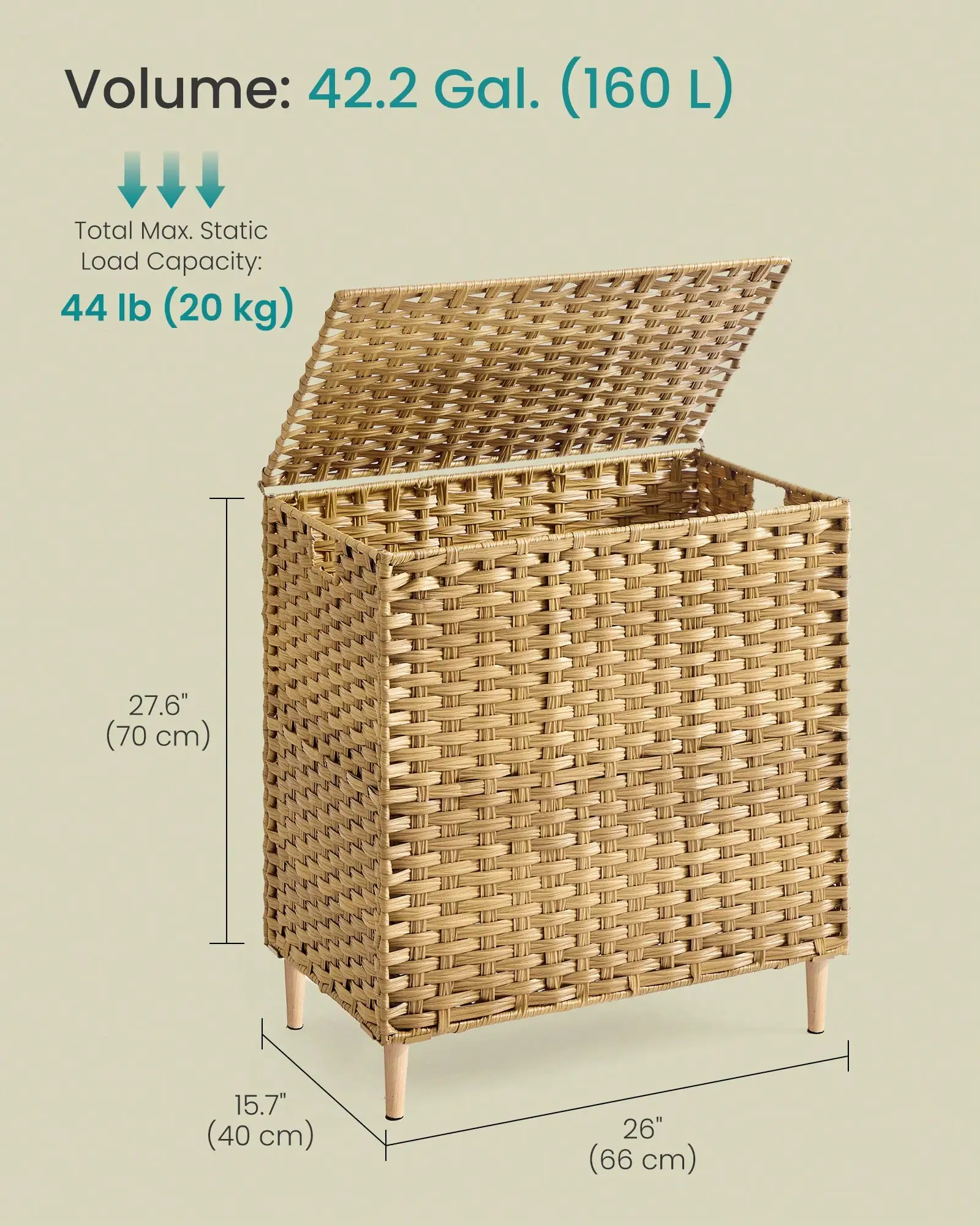 42.2 Gal Large Laundry Hamper with Lid, PE Rattan Woven Clothes Basket, Removable Washable Liner Storage Bin for Bedroom, Living Room, Beige