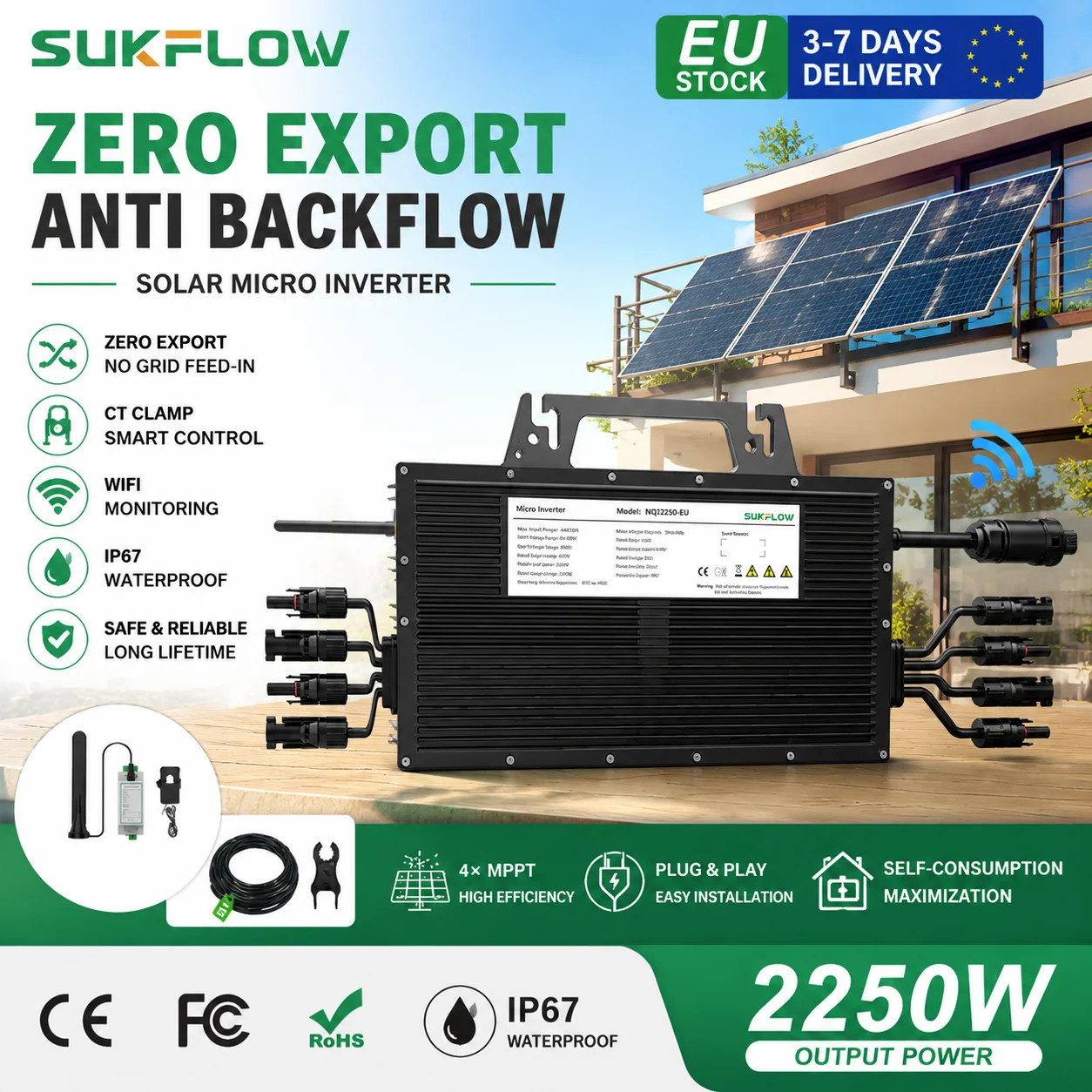 2250W Solar-Mikrowechselrichter mit Null-Export und Rückflussverhinderung, 4 MPPT, netzgekoppelt, WLAN-App-Steuerung, IP67 wasserdicht, für Balkon-PV-Systeme