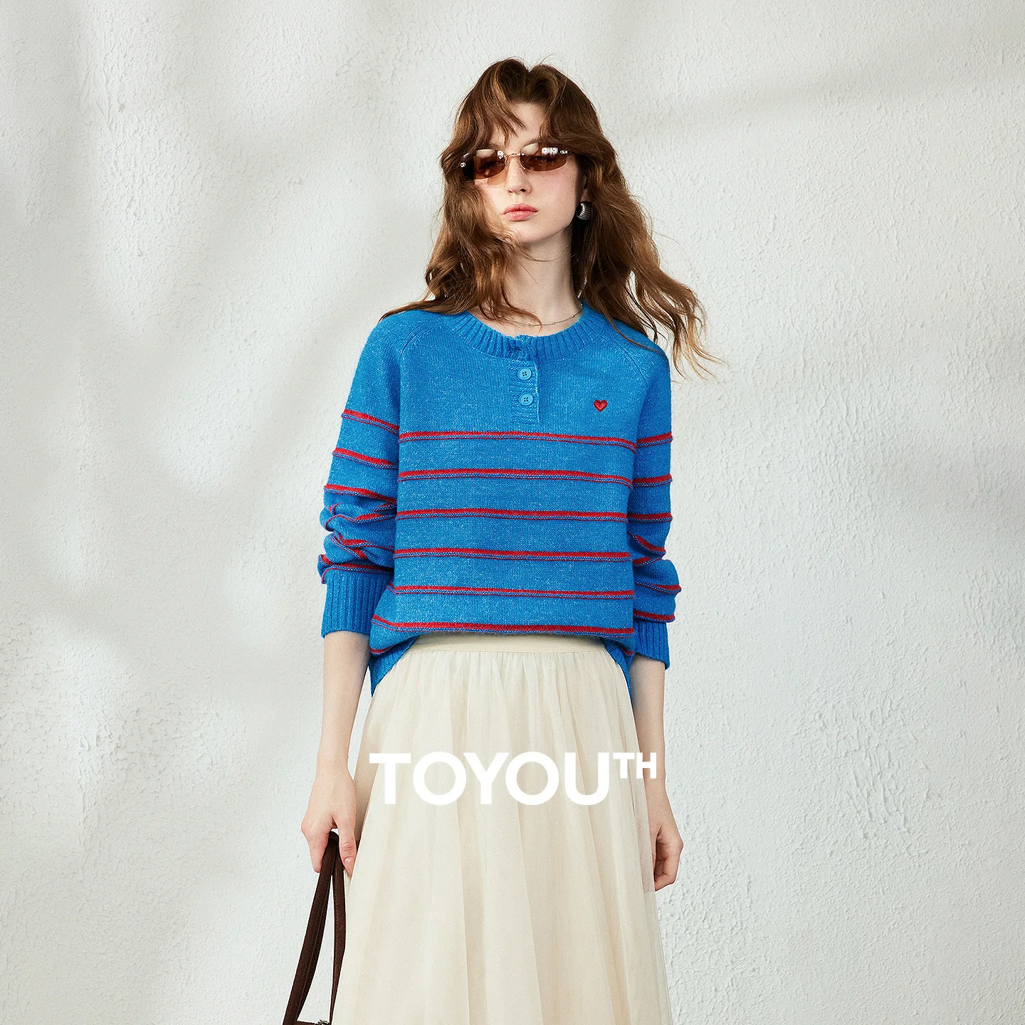TOYOUTH Women Sweater 2026 Autumn New Wool Blend Stripe Slightly Loose Crew Neck Half Placket College Style Knit Tops