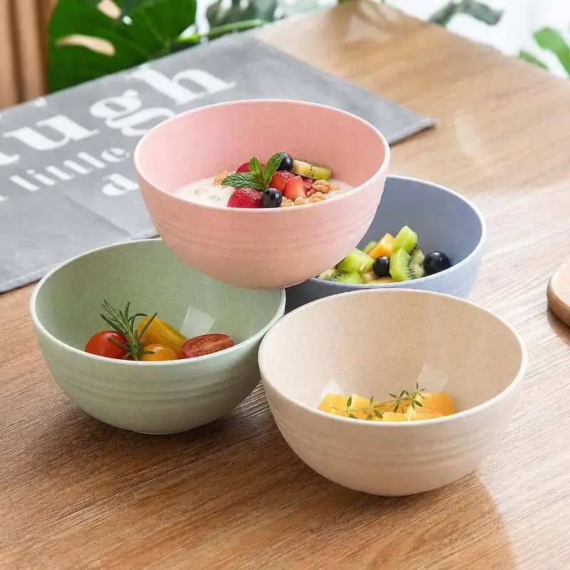 4pcs Wheat Straw Bowl Set Unbreakable Plastic Bowls Fruit Salad Bowl Microwave Dishwasher Safe Home Kitchen Daily Use