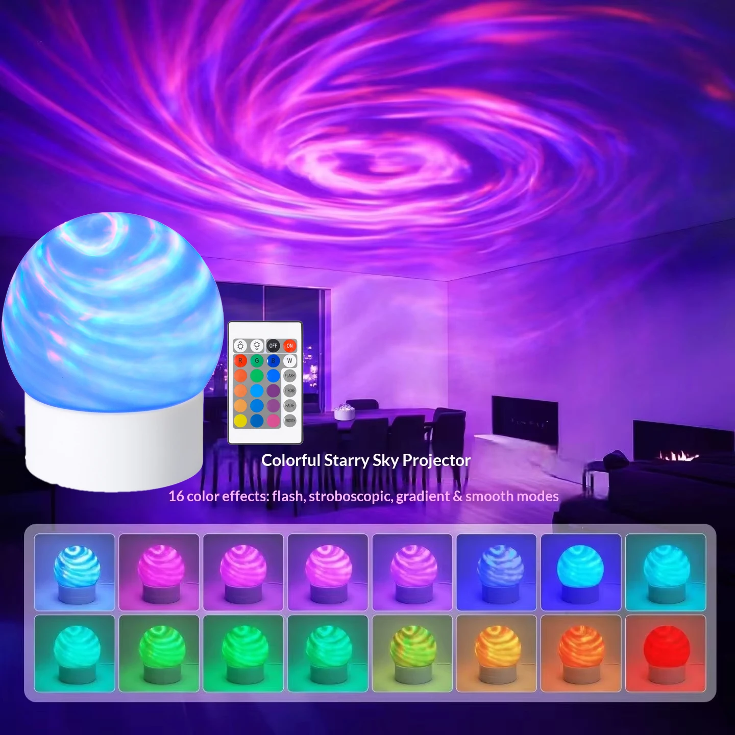 16 Colors Starry Sky Projector Light LED Night Light with Remote Control USB Plug Auto Rotate for Home Room Party Ceiling Decor