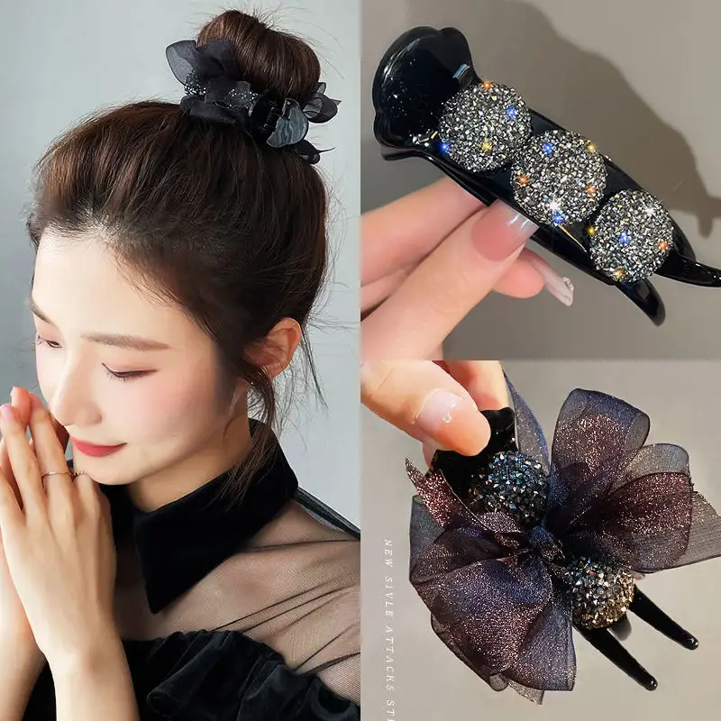 

Novelty Acrylic Rhinestone Bow Hair Claw Clip for Women Meatball Head Fixed Hair Styling Tools Hairpin Accessories Ponytail Clip