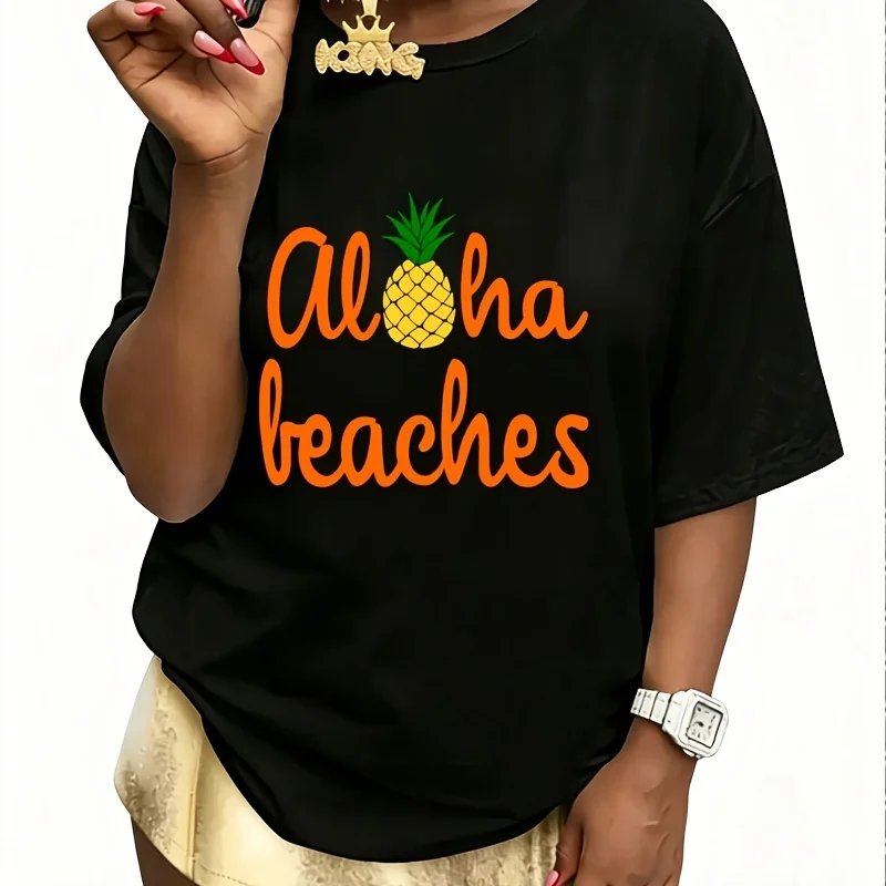 Aloha Beaches Pineapple Hawaii Women's 100% Cotton T-Shirt Fun Print Short Sleeve Top Casual Round Neck Tee S-5Xl