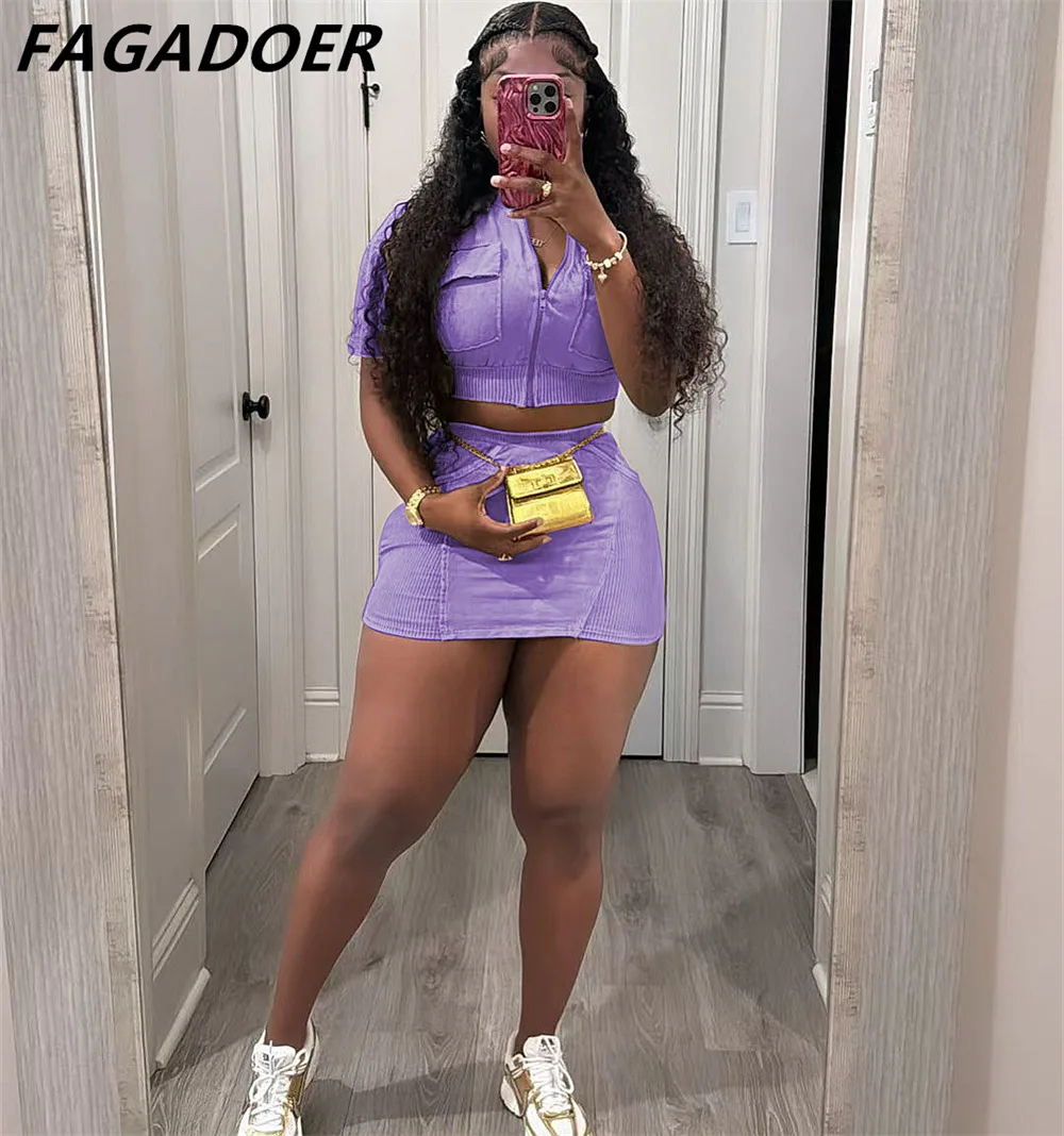 FAGADOER Summer New Solid Mini Skirts Two Piece Sets Women Zipper Short Sleeve Crop Top And Skirts Outfits Female 2pcs Clothing