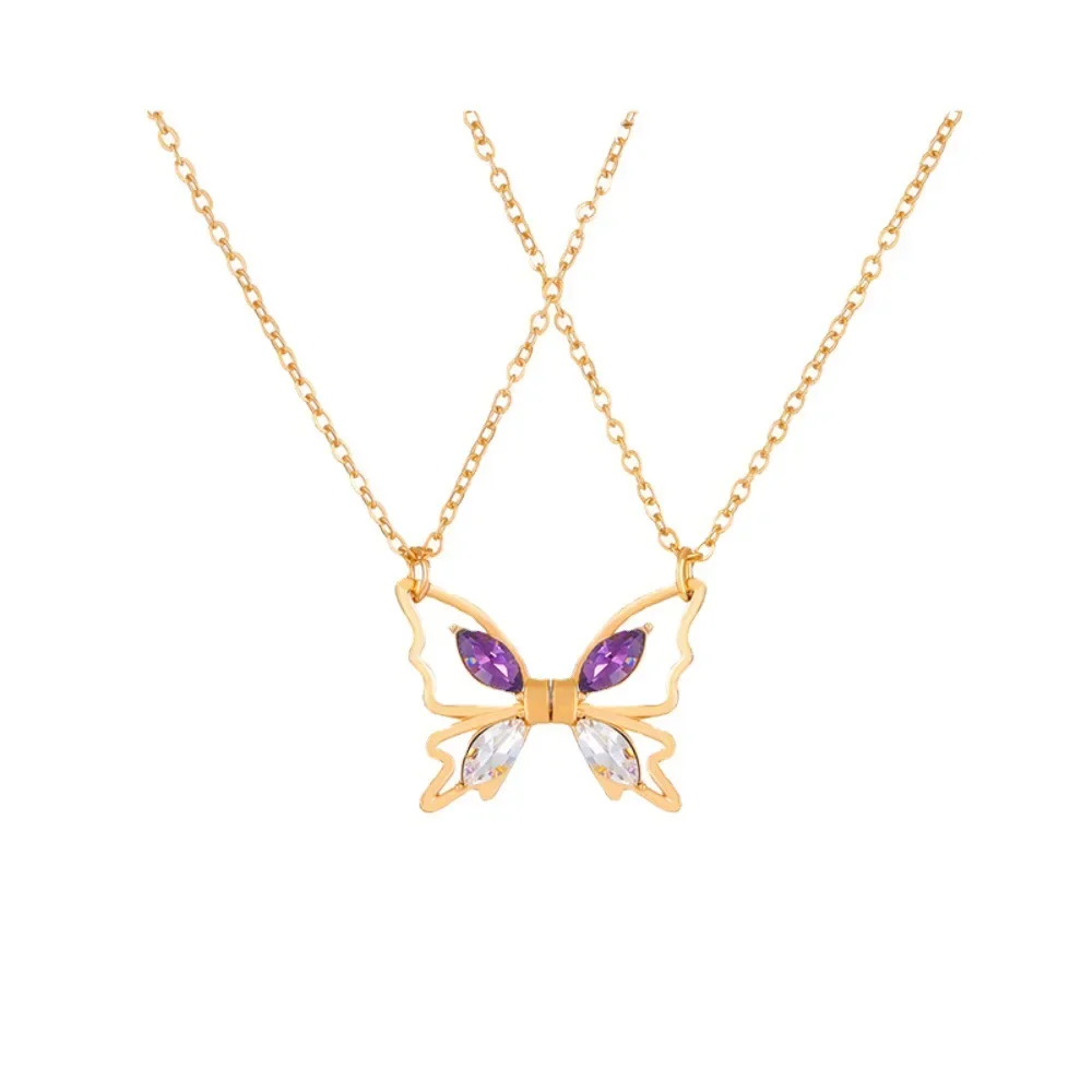 Korean Gold Color Beautiful Butterfly Pendant 2PCS Chain Necklace for Women Bridal Wedding Party Custom Jewelry