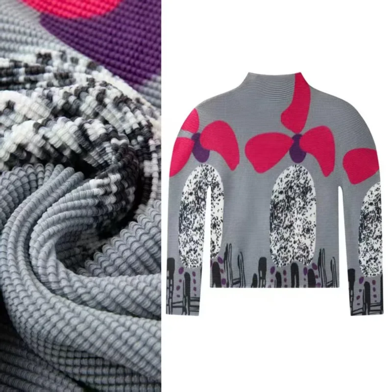 

Плиссированная футболка Miyake с принтом, весна 2026, новые легкие плиссированные футболки с длинными рукавами и высоким воротом, повседневная тонкая футболка в складку