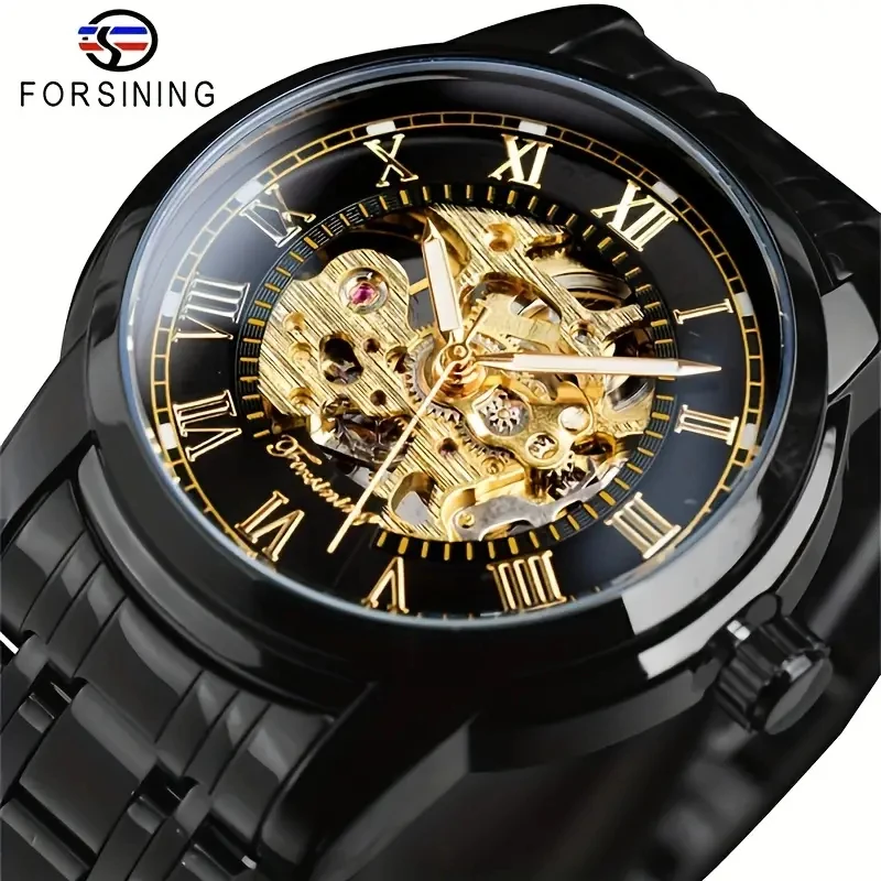 Men's Luxury Mechanical Watch - Stylish Business Skeleton Design, Stainless Steel Strap, Roman Numerals, Transparent Case Back, Perfect Gift for Him, Luxurious Gift for Him | Skeleton Watch | Mechanical Movement, No Batteries Required