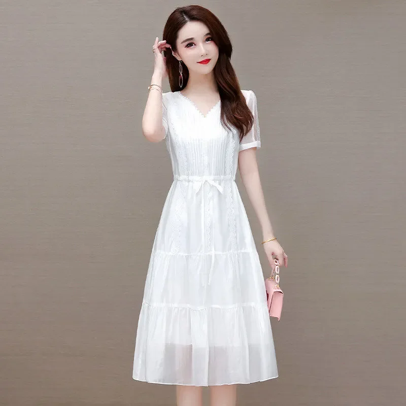 Women's Short-sleeved Dress Summer New High-end Fashion Temperament Mid-length Skirt