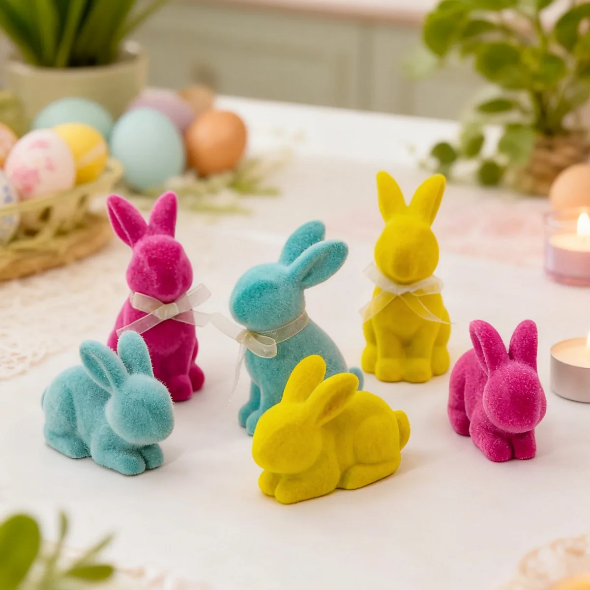 Soft Touch Easter Rabbit Resine Decor Set for Desktop and Shelves with Adorable Bunny Shapes in Cheerful Color Options