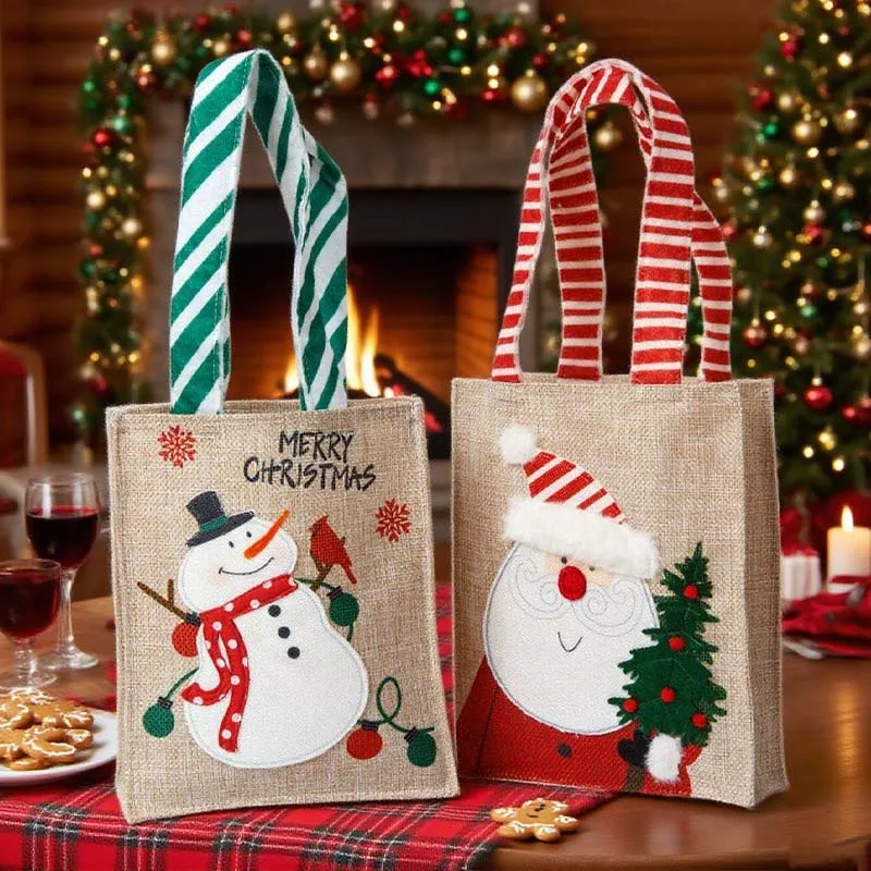 1-10PCS Christmas Gift Bags Burlap Handheld Bags Cartoon Santa Snowman Candy Bag Apple Bag Reusable Holiday Party Favor Bags