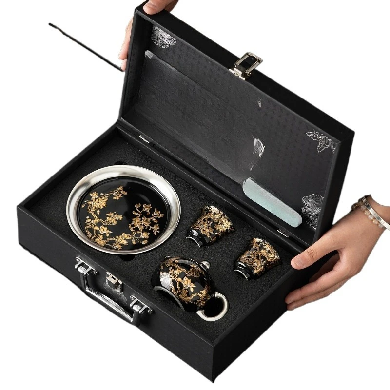 

******lver Kung Fu Tea Set, Enamel Color Brewing Teapot, Silver Pot, One Pot and Two Cups, High-end Gift Box for Elders