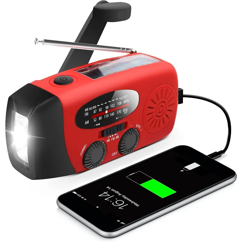 

Hand Crank Self Powered FM AM WB Solar Weather Radio with LED Flashlight 2000mAh Power Bank 18650 Battery for IPhone/Smart Phone