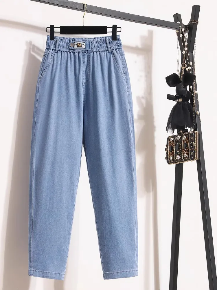 

Новые летние женские шелковые джинсовые брюки из тонкого ледяного шелка, ультратонкие свободные джинсы больших размеров Harlan Dad Jeans с высокой талией светлого цвета, девять предметов