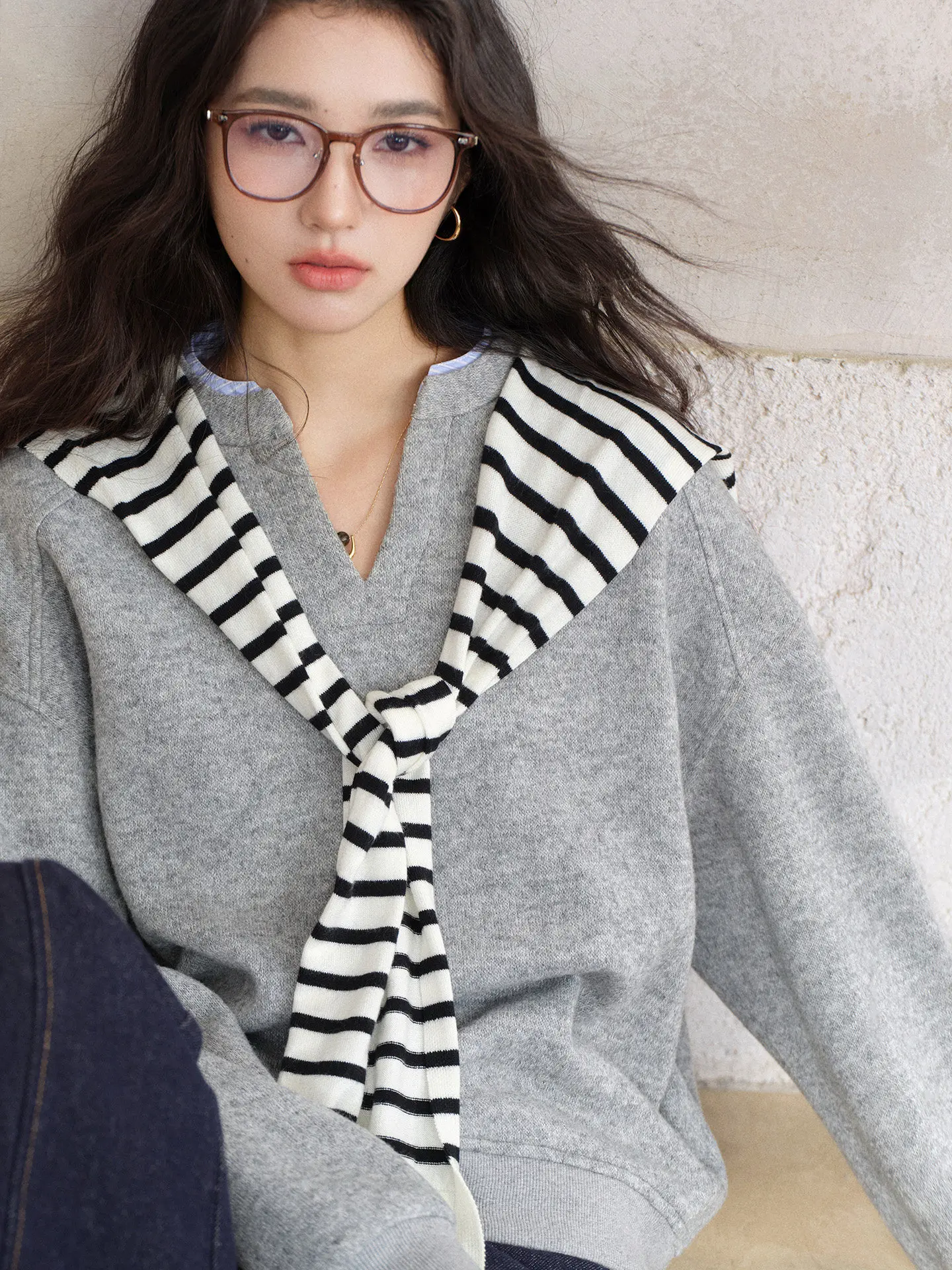 Women Striped Shawl Pullover Lady Spring American Style Fake Two Piece V Neck Sweatshirt Casual Loose Fashion Top Everyday Looks
