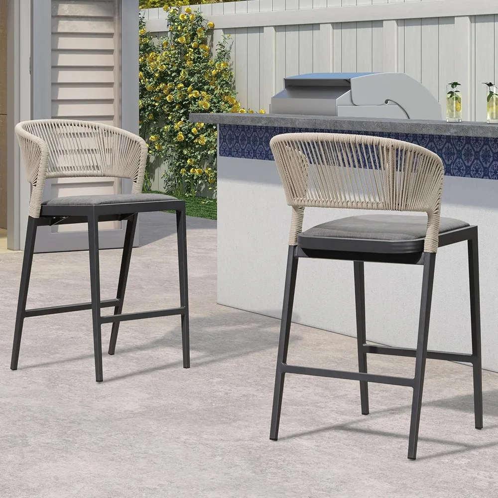 

Counter Height Bar Stool Set of 2 Modern Aluminum Rattan Wicker Outdoor Barstools with Backrest and Cushion