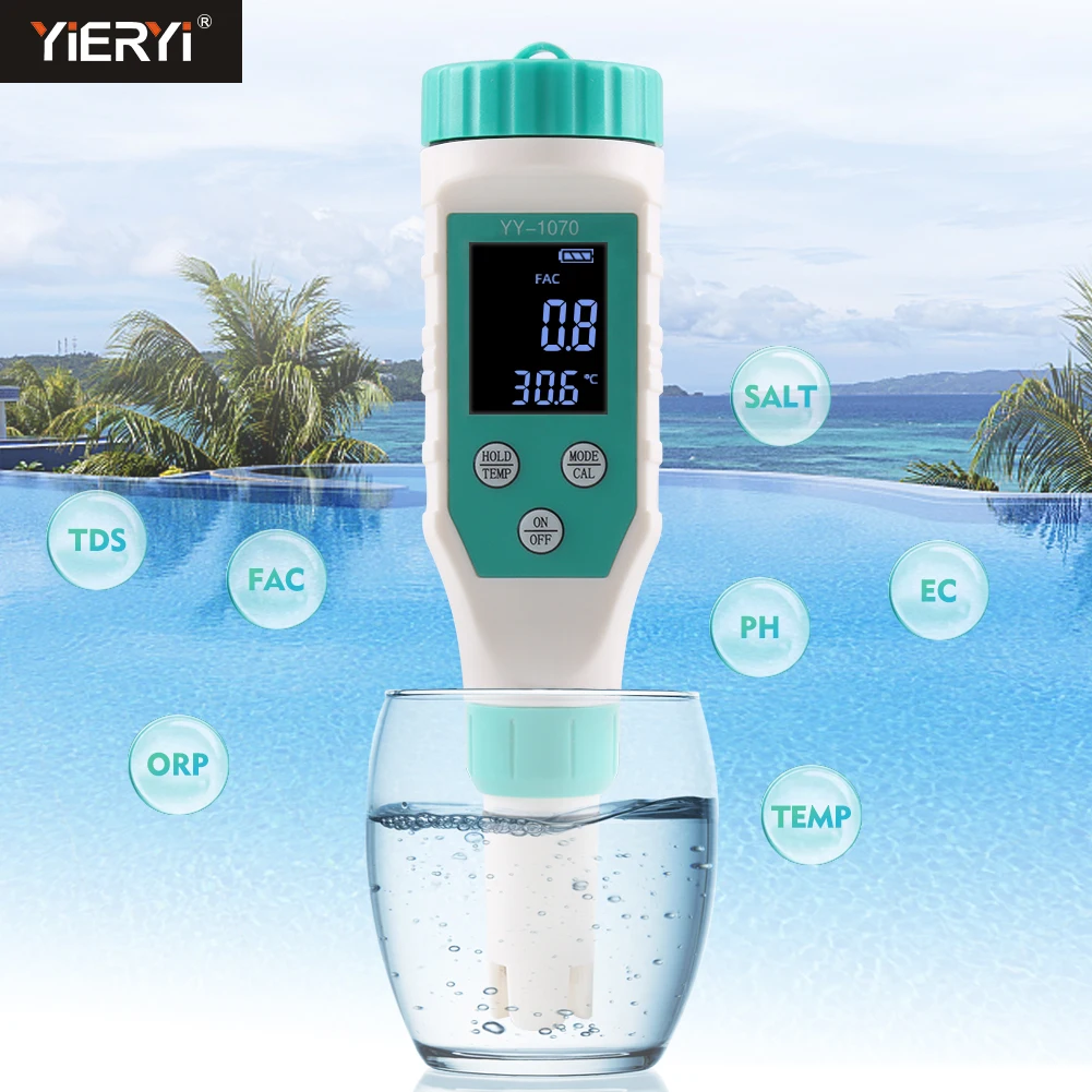 7 in 1 PH/Free Chlorine/ORP/EC/TDS/Salinity/Temp Water Quality Analyzer CL pH Meter Pool Salt Tester for Aquarium Aquaculture