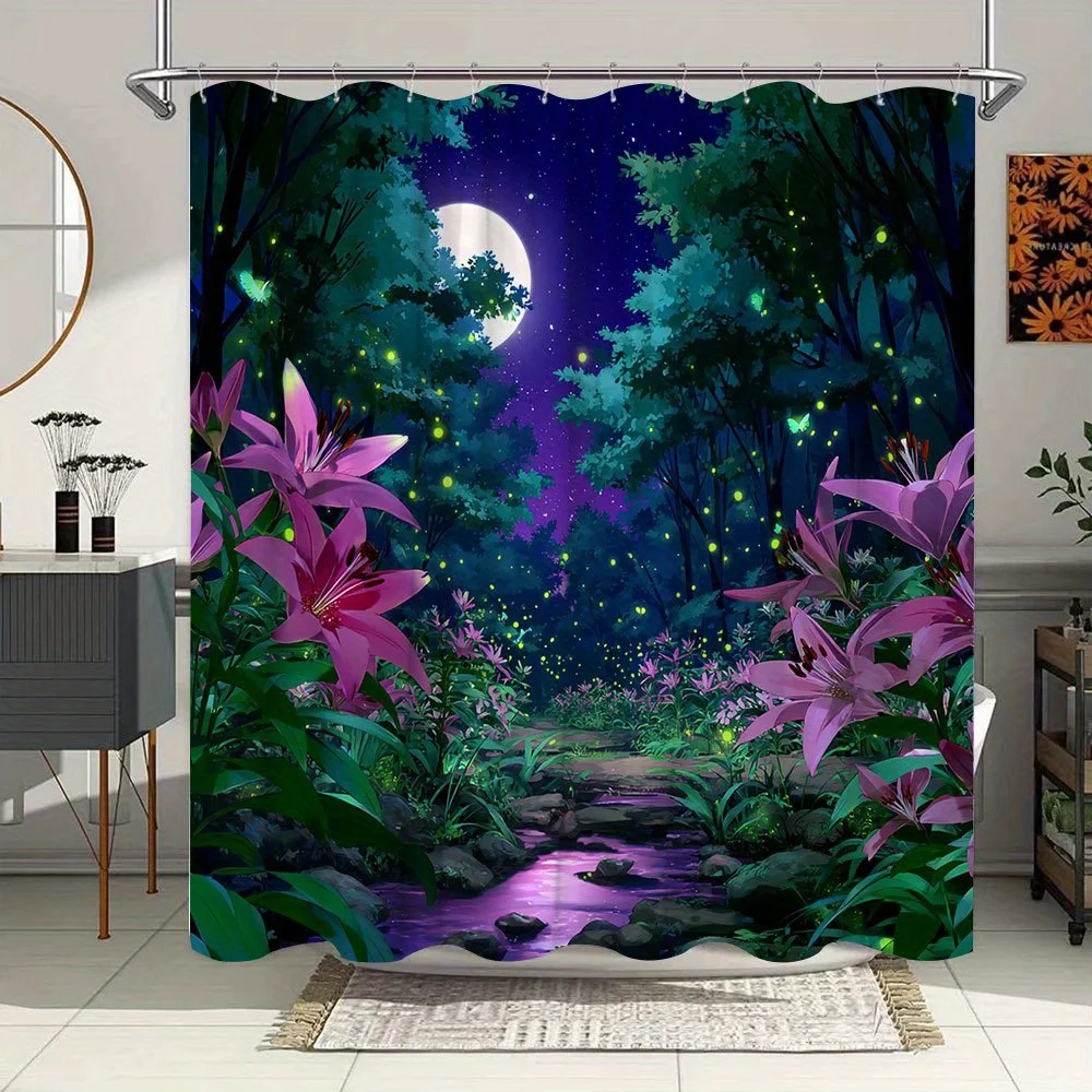 قطعة واحدة من ستارة دش غابة الرسوم المتحركة المسحورة - الزنابق الوردية المضاءة بالقمر، اليراعات المتوهجة وتصميم السماء الليلية المرصعة بالنجوم - بوليستر متين