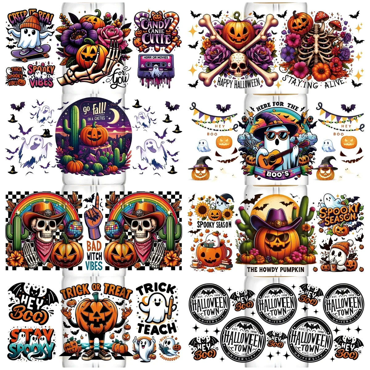 

Happy Halloween 3D UV DTF Transfer Sticker For 16oz Libbey Cup Wraps DIY Spooky Skull And Pumpkin Pattern Cup Wrap 3D Sticker