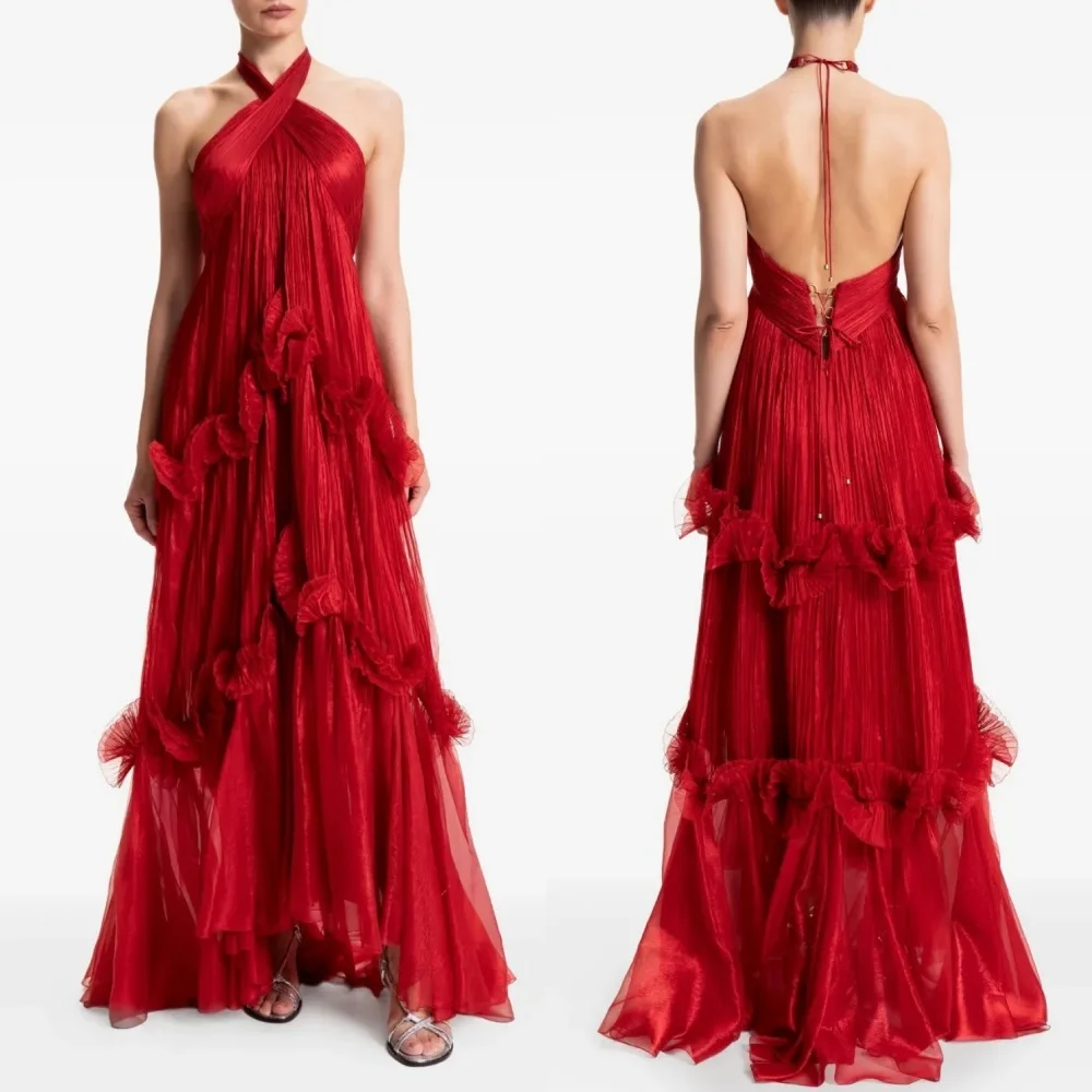 

Customized Matching Intricate Organza Pleat Ruched Tiered A-line Halter Long Dresses Bespoke Occasion Dresses Sizes Available