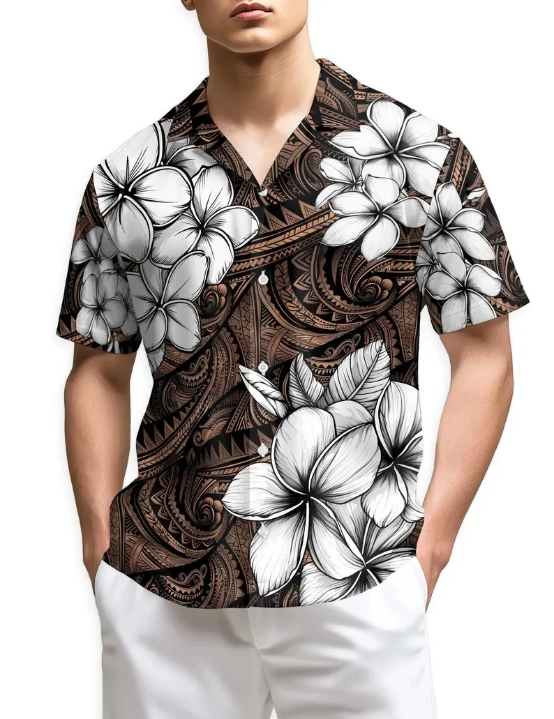 Men's Brown Tribal Plumeria Hawaiian Shirt Polynesian Flower Print Short Sleeve Button Down Beach Shirt Vacation Aloha Shirts