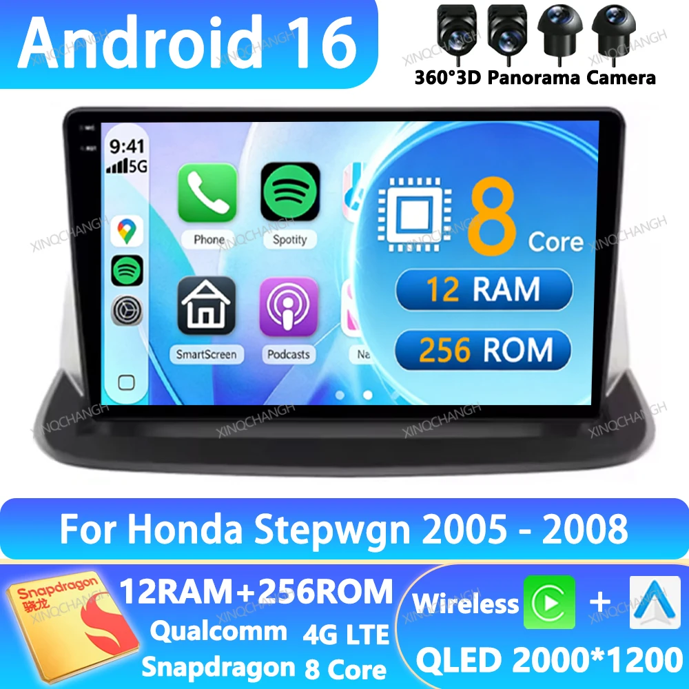 Android 16 Car Radio For Honda Stepwgn 2005 - 2008 QLED BT 4G LTE 5G WIFI Multimedia Stereo Video Player Head Unit 2DIN GPS BT