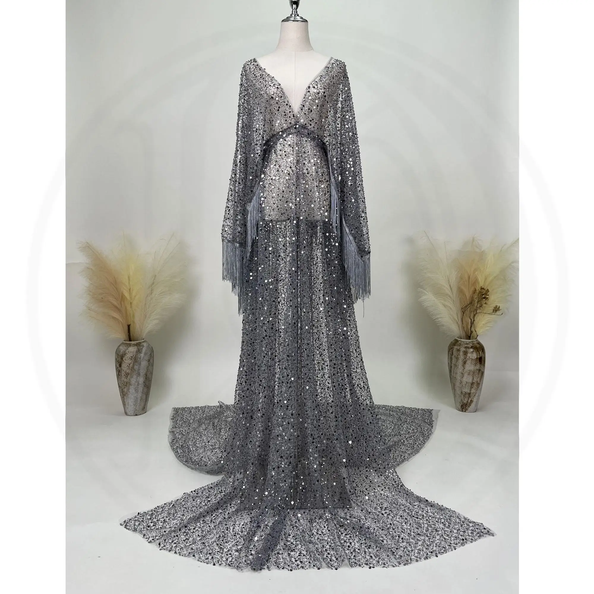 Don&Judy Tulle Embroidery Dress For Pregnant Woman Sequin, Pearl Tassel Dress Sexy V Neck Clothing For Evening Party - view 6