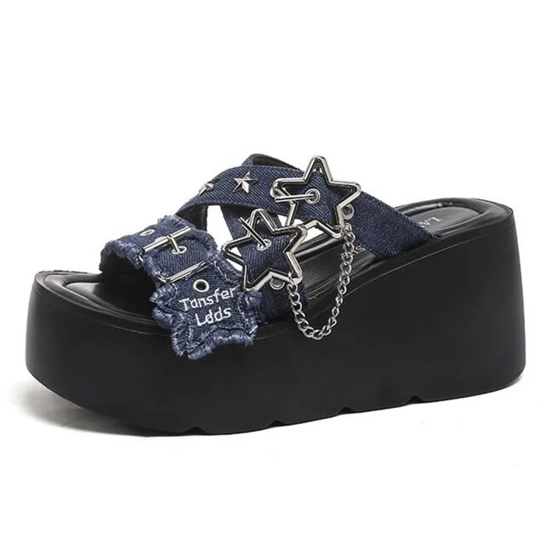 

2026 New Punk Star Buckle Chunky Platform Sandals Women Summer Black Denim Wedge Slippers Woman Thick Bottom Gothic Shoes Slides