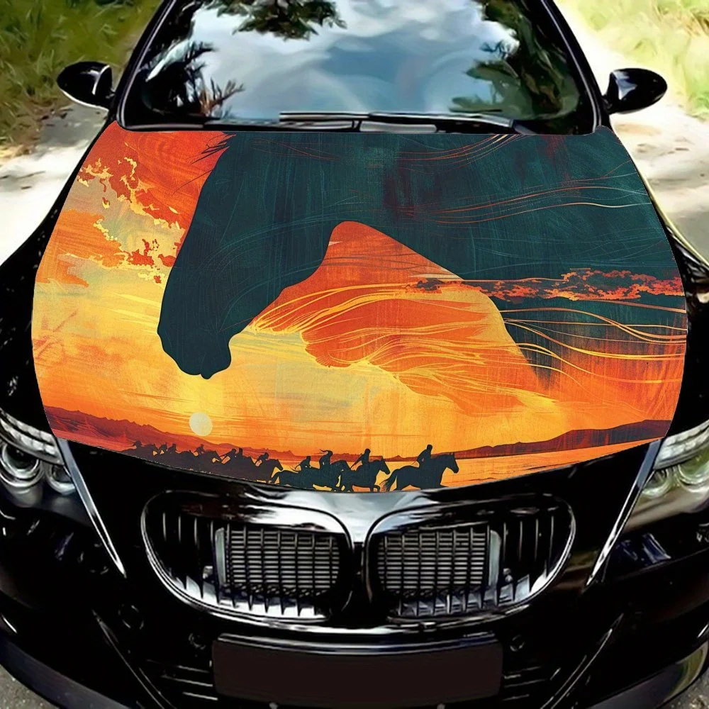 

Unique Orange - Red Horse Car Engine Hood Sticker, Waterproof Self-adhesive Vehicle Vinyl Wraps Decal, Personalized Auto Exterio