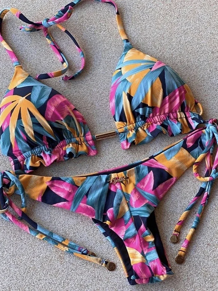 Sexy Micro Bikinis Set 2022 New Swimsuit Women Feather Print Bandage Swimwear Female Bathing Suit Brazilian Biquinis