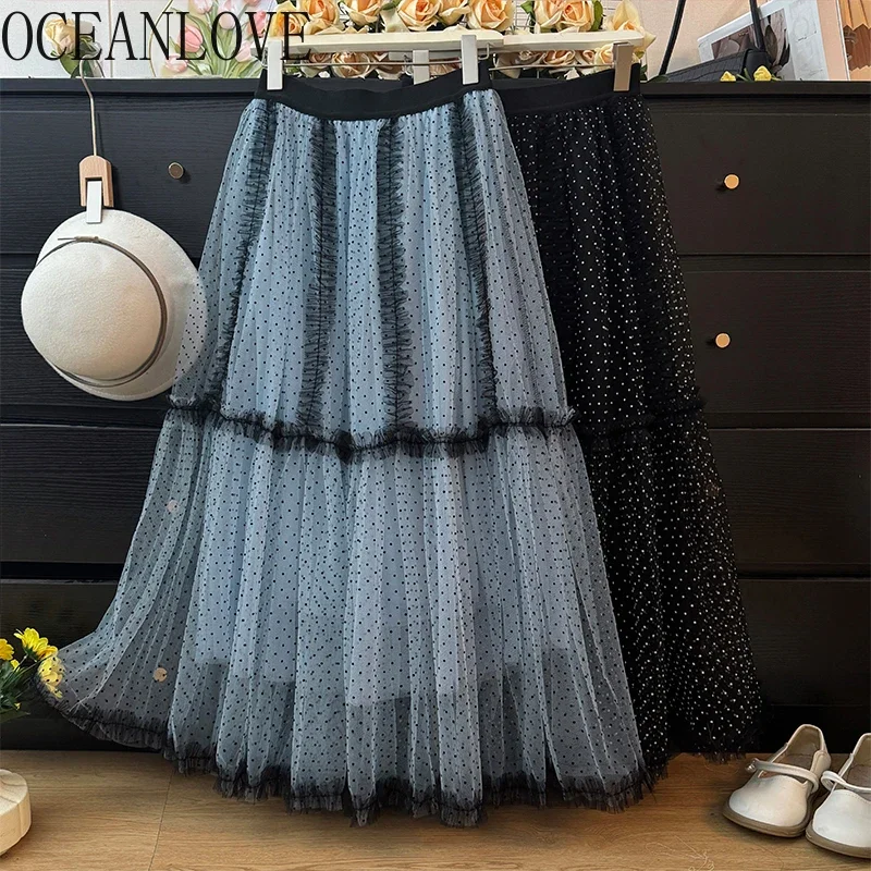 

OCEANLOVE Ruffles Polka Dot Women Skirts Contrast Color Sweet Spring Autumn Jupe Femme Korean Fashion Vintage Long Skirt