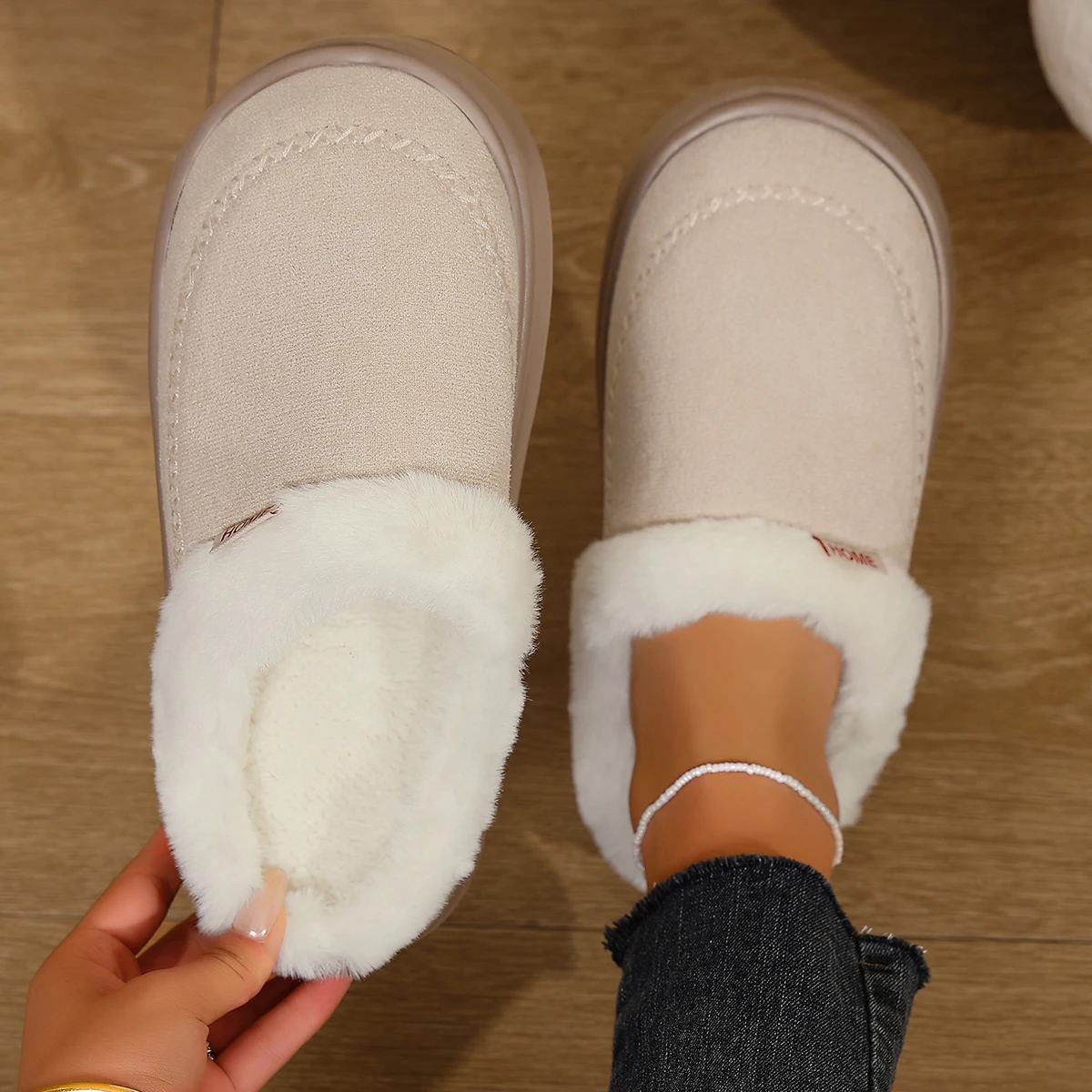 Men's & Women's Retro Style Faux Suede Closed Toe Fuzzy Slippers, Fleece Lined Warm Thick Platform Sole Non-Slip Indoor Outdoor