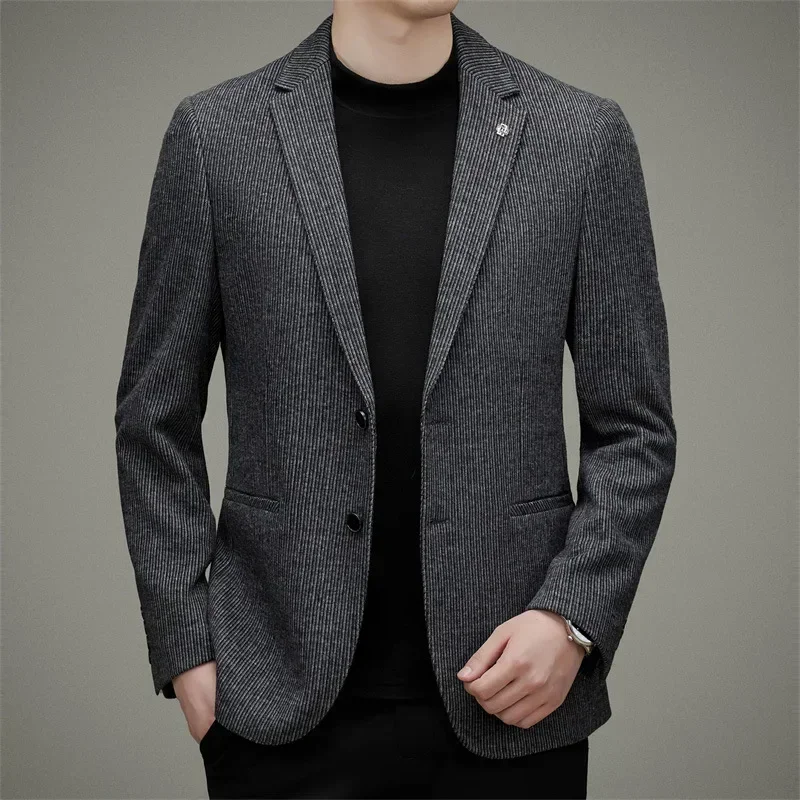 High-quality Gray Fashion New Men's Blazer Formal Business Casual Elegant Suit Jacket Men's Striped Cotton Jacket Thicken Coat