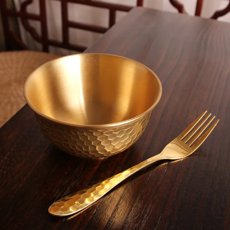 Thick Brass Bowl Spoon Fork Chopsticks Set, Korean Golden Anti Scald Rice Dinnerware, Ex Wedding Gift, Eco Friendly Home Use