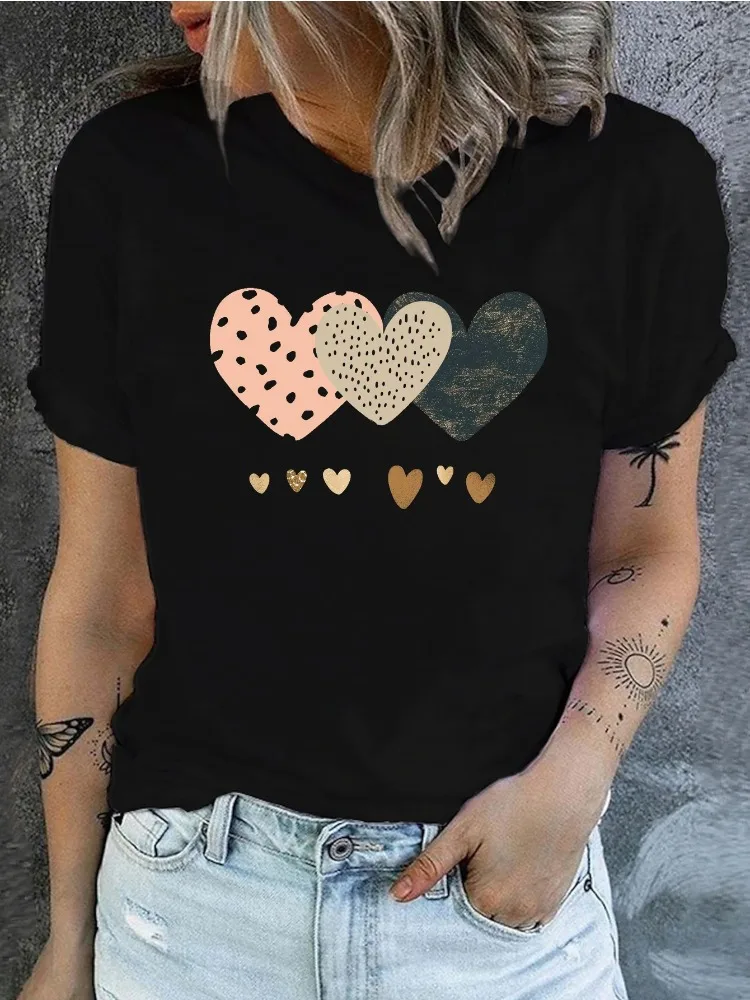 Coração impressão feminina tripulação pescoço camiseta primavera/verão casual moda manga curta topo de algodão plus size harajuku camisa topo