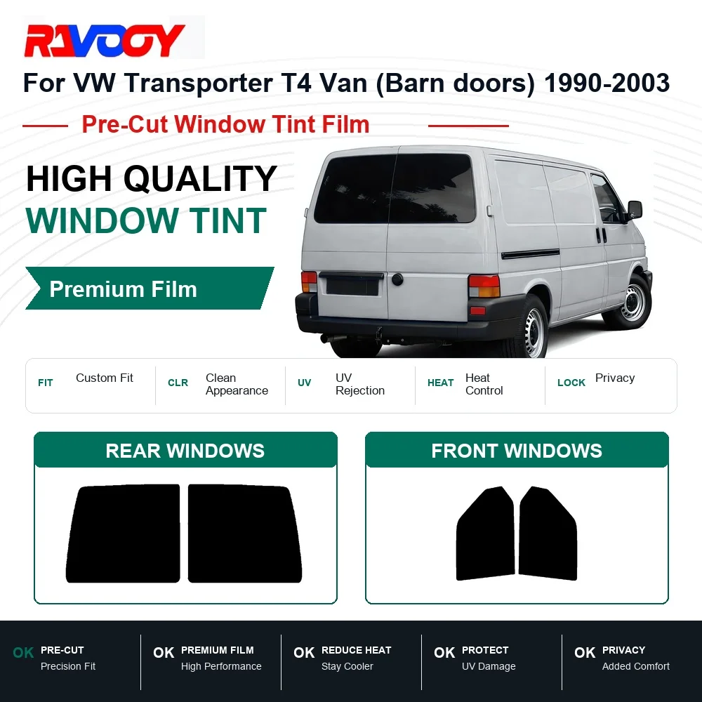 Premium Pre-Cut Window Tint For VW Transporter T4 Van (Barn doors) 1990-2003 Front & Rear Windows UV Heat Rejection Privacy Film