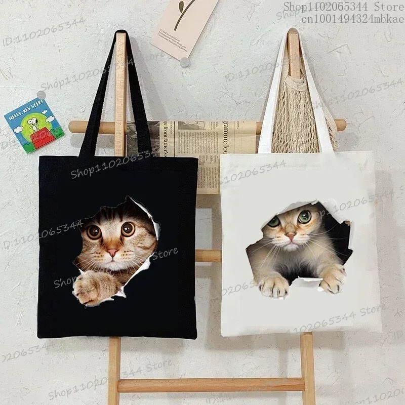 Cute Cat Graphics Hand Bag Women Tote Canvas Bag Vintage Shoulder Bag Harajuku Hip Hop Shopping Bag Cartoon 3D Cats Handbag