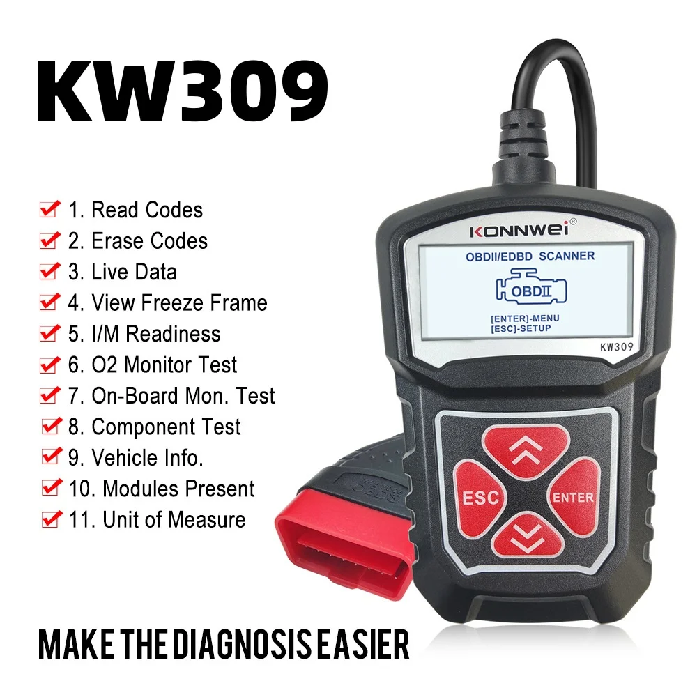 2026 KONNWEI KW309 12V Car OBD2 Fault Diagnostic Tool DTC Lookup Code Reader O2 Sensor Monitoring I/M Readiness OBDII Scan Tool