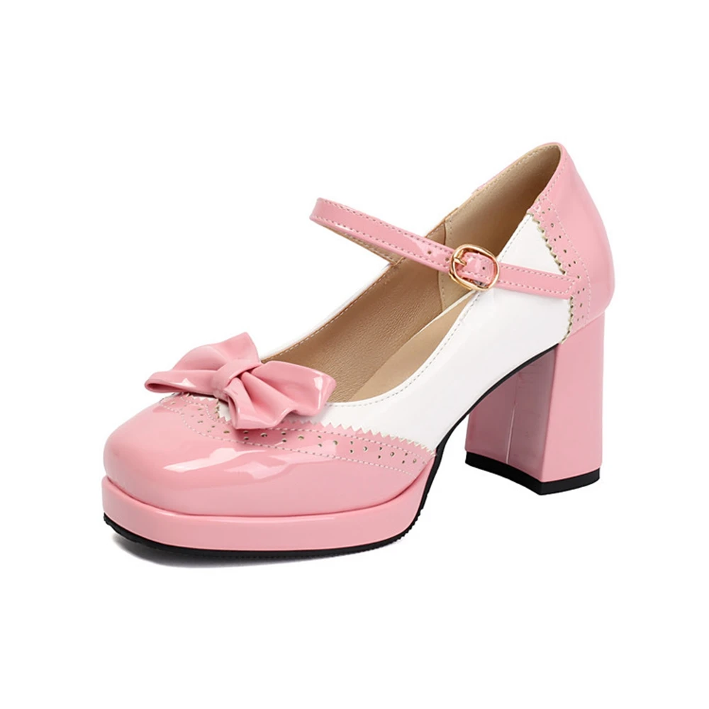 Women's Patent Leather Bow Mary Jane Pumps Block Heel Platform Ankle Strap Shoes Plus Size 32-48 7 Colors Available 79-2