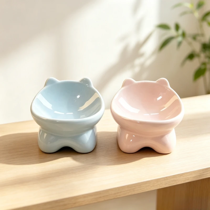 Cat Ceramic Pet Bowl Sloped Elevated Neck Protection Anti Tip Food Bowl Multi Color Feeder Bowl for Cats Dogs Eating Drinking
