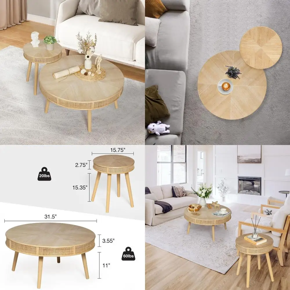 Rustic Rattan Nesting Coffee and Side Tables Set for Living Room with Handcrafted Farmhouse Style