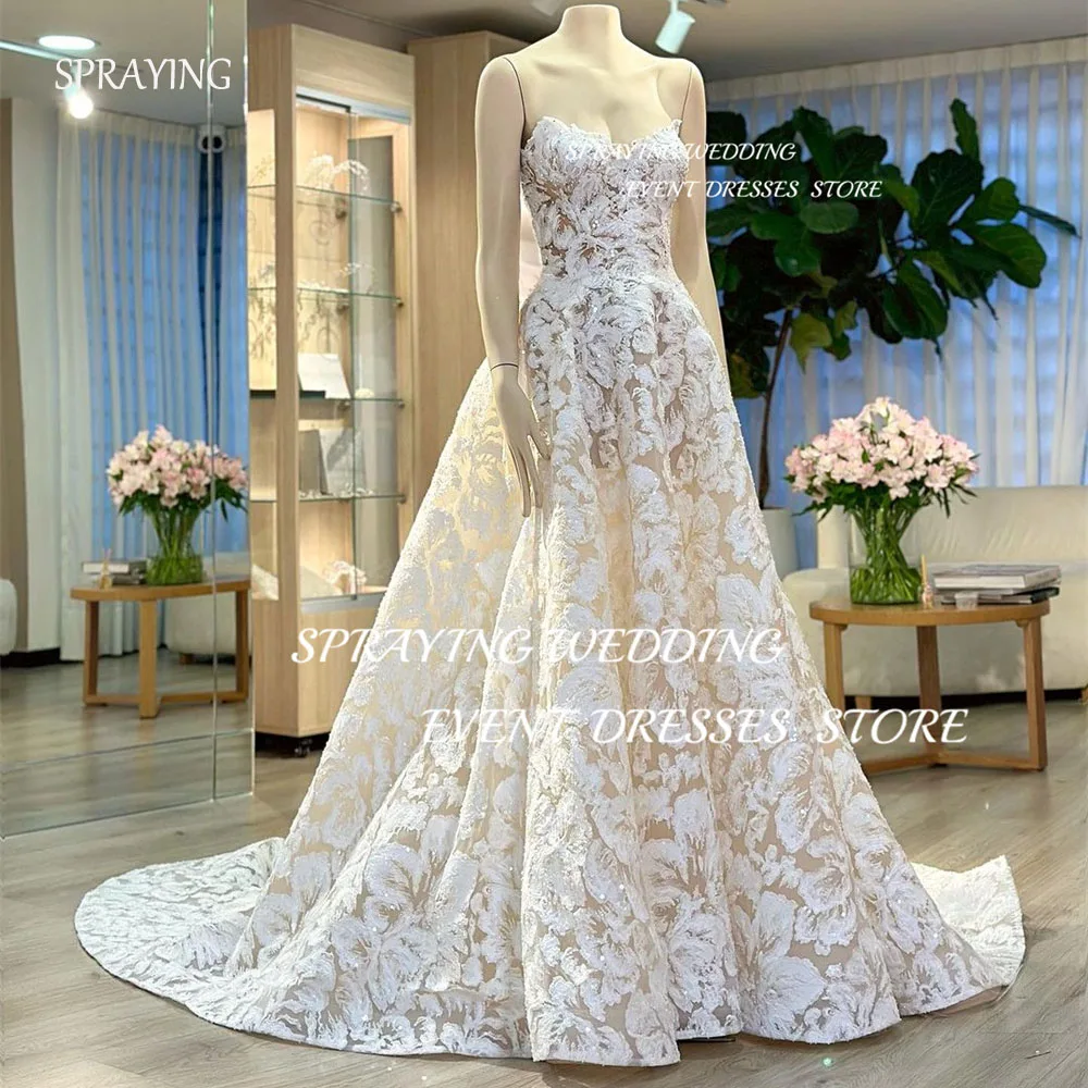 Spuitende Elegante Lace Sweetheart Bruidsjurk Lange Lange Prom Dress A-Line Sprankelende Trouwjurk Vrouwen Formele Trouwjurk