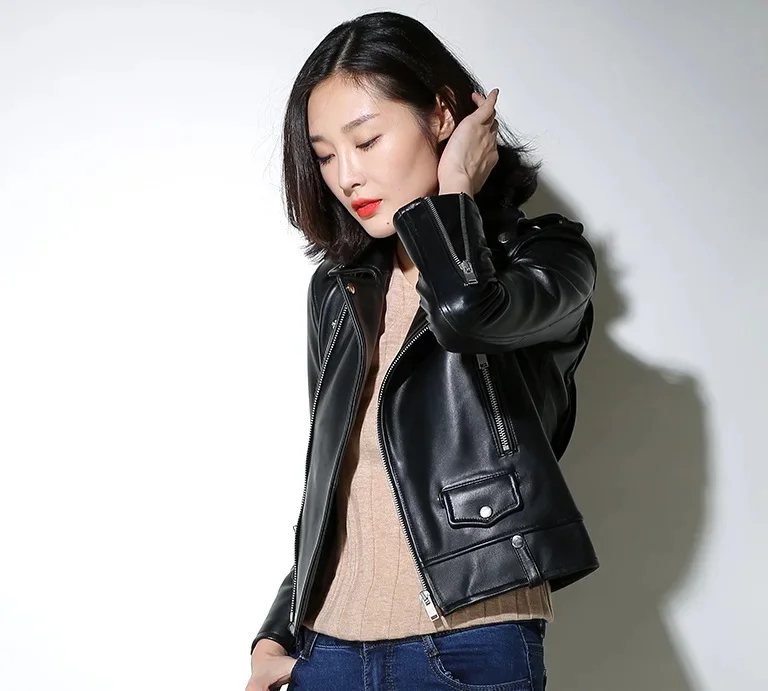 Shop Best,Sales.Popular woman slim fit genuine leather jacket.fashion motor rider sheepskin coat.soft cloth.패션