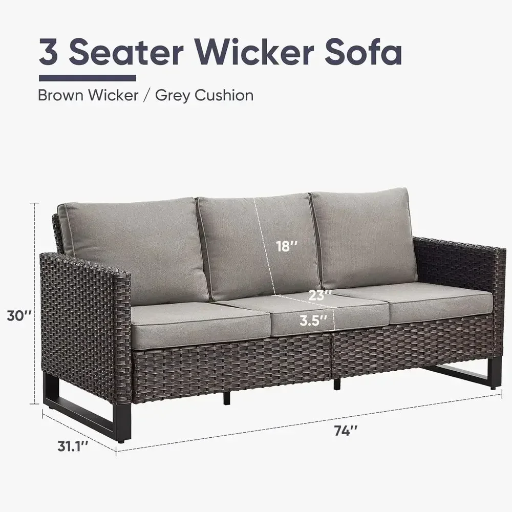 Deep Seat High Back Wicker 3-Seater Patio Sofa with 800lbs Capacity, Anti-Rust, Brown