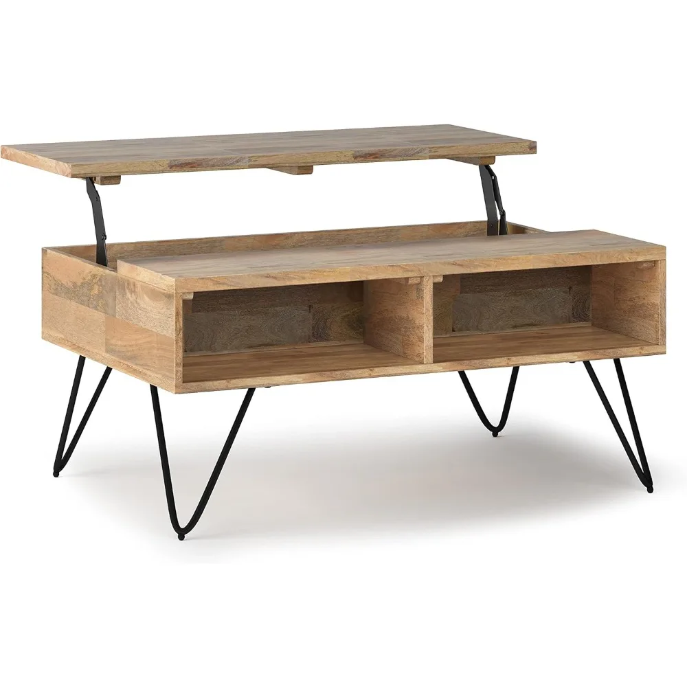 Hunter SOLID MANGO WOOD and Metal 36 inch Wide Rectangle Industrial Contemporary Small Lift Top Coffee Table in Natur