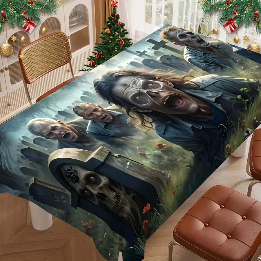 Halloween polyester tablecloth - Square with terrifying cemetery zombie pattern, suitable for kitchen, etc.zyc