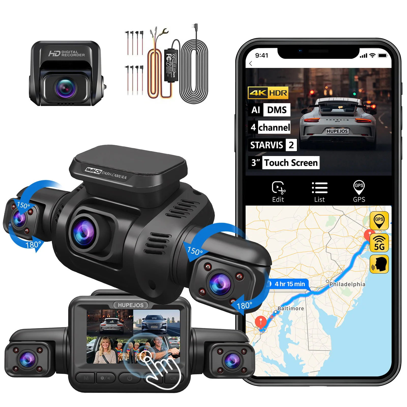 HUPEJOS V8Max-4CH STARVIS 2 HDR IMX675 360 °   4K Dash Cam met AI DMS Ingebouwde GPS WiFi-spraakbediening, 3 "touchscreen, parkeermodus