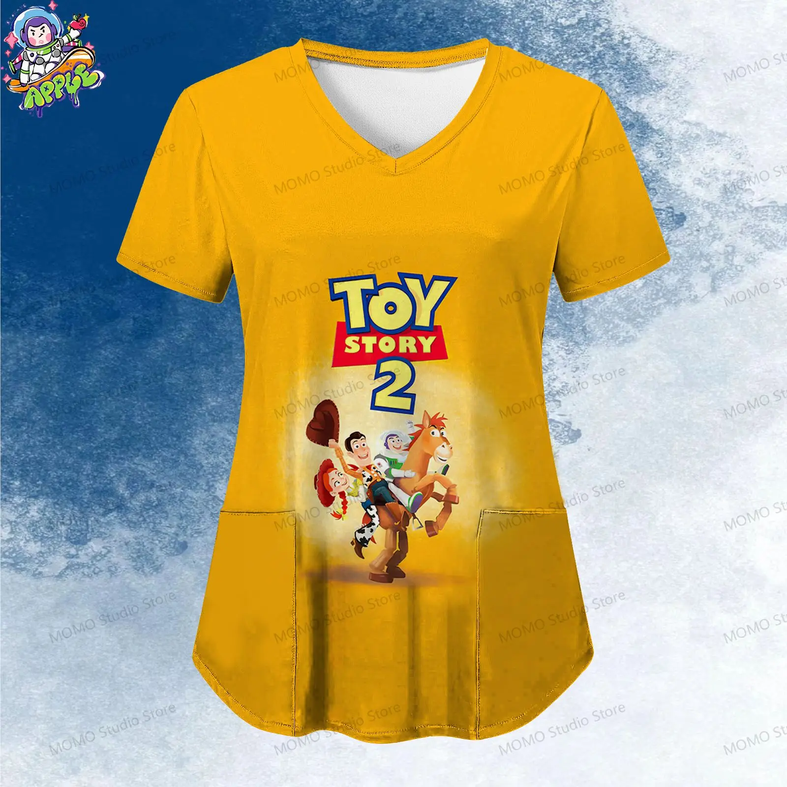 

Disney Toy Story Pocket Women's V Neck Nurse Uniform T-Shirt 2024 Youthful Woman Clothes S-2XL Kawaii Summer Y2k Leisure Tops