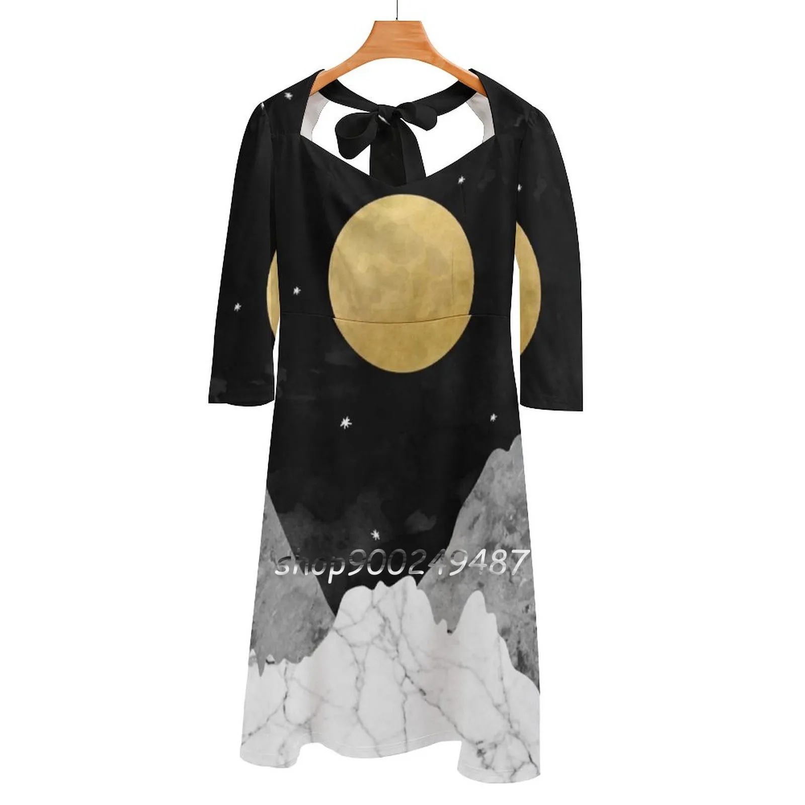 Moon And Stars Evening Party Dresses Midi Sexy Dress Female Sweet One Piece Dress Korean Moon Stars Mountain Peaks Marble