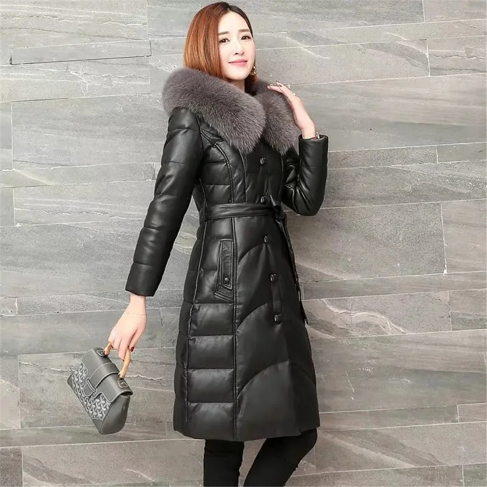 Mid-Length Hooded Cotton Thick Pu Leather Jacket Pu Leather Coat Fur Imitation Fox Fur Collar Women's Jacket