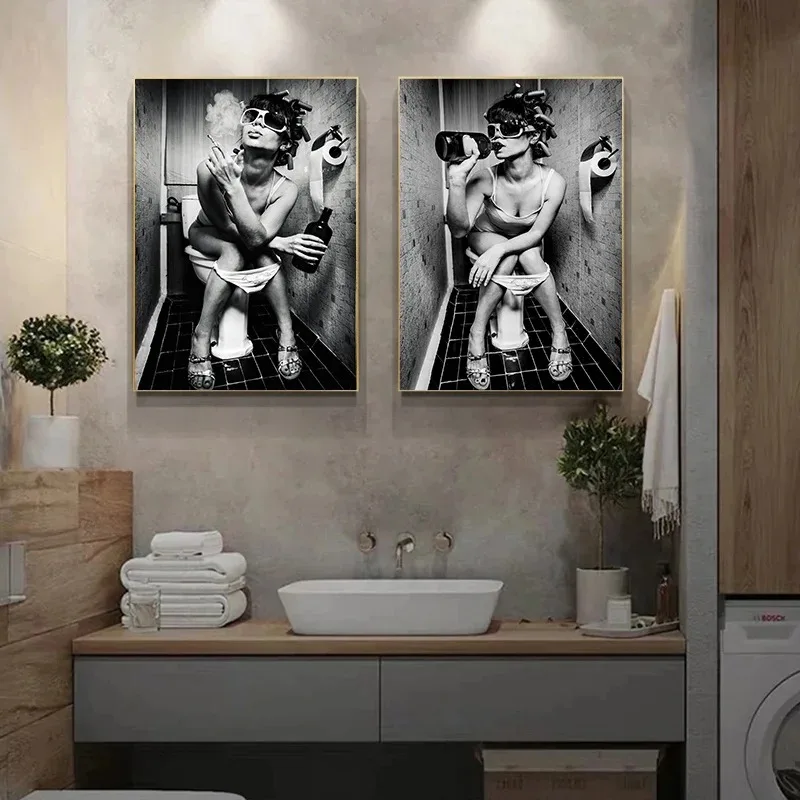 Photography WC Figure Art Photos Canvas Posters Crazy in Love Smoking Woman Toilet Mural Home Bathroom Canvas Print Art Painting